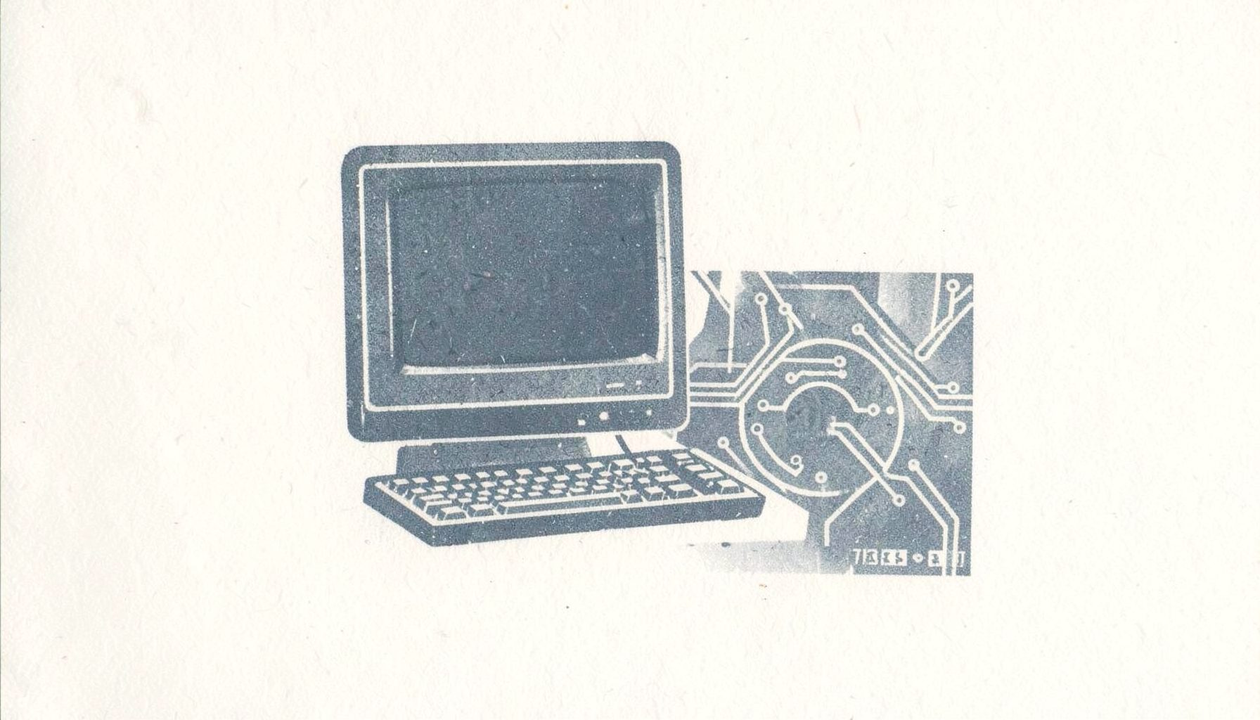 A two-ink risograph print in muted slate-blue and charcoal on off-white paper, showing a stylized desktop computer monitor beside a circuit board with soft geometric trace lines, conveying a calm retro-computing workshop atmosphere.
