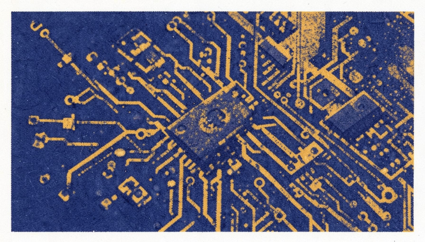 A two-ink risograph print in deep navy and warm ochre, depicting a close-up of a compact circuit board with visible traces, connectors, and surface-mount components. The composition is technical and clean, with a soft paper texture and slight ink misregistration that gives it a handmade, zine-like feel.