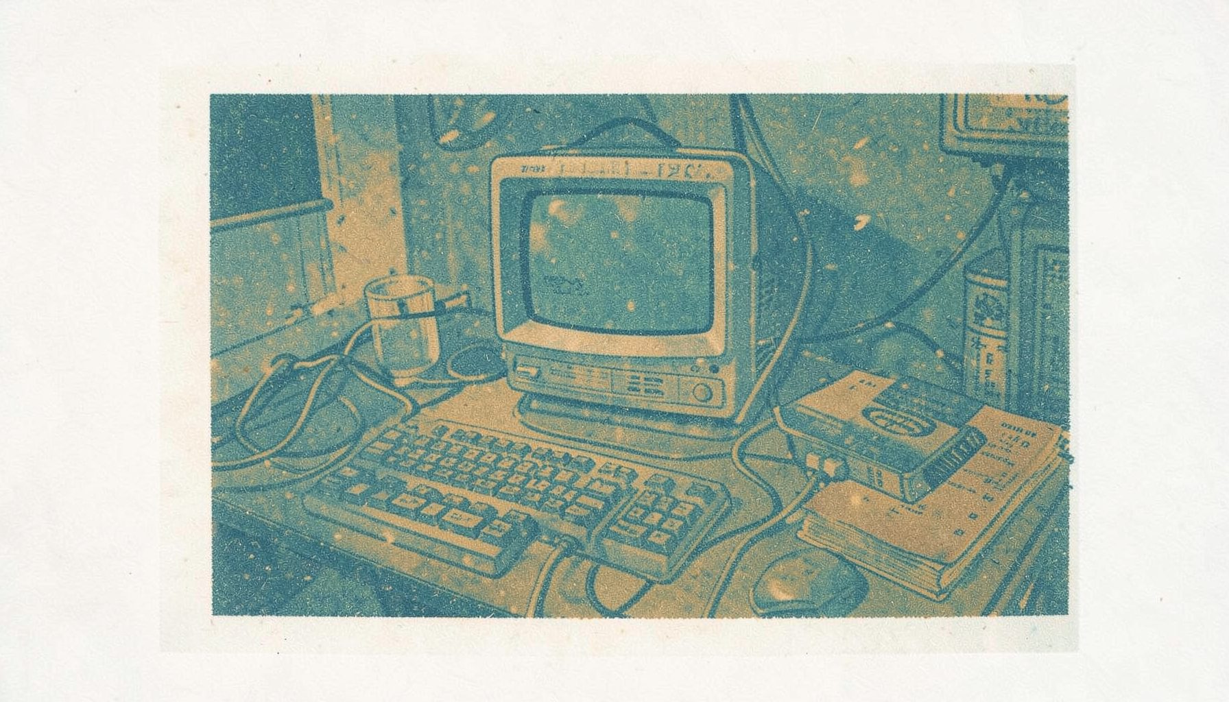 A two-ink risograph print in muted teal and warm ochre, depicting a stylized desktop workspace with a vintage computer monitor, tangled cables, and a small stack of technical manuals, evoking a quiet late-night hobbyist atmosphere.