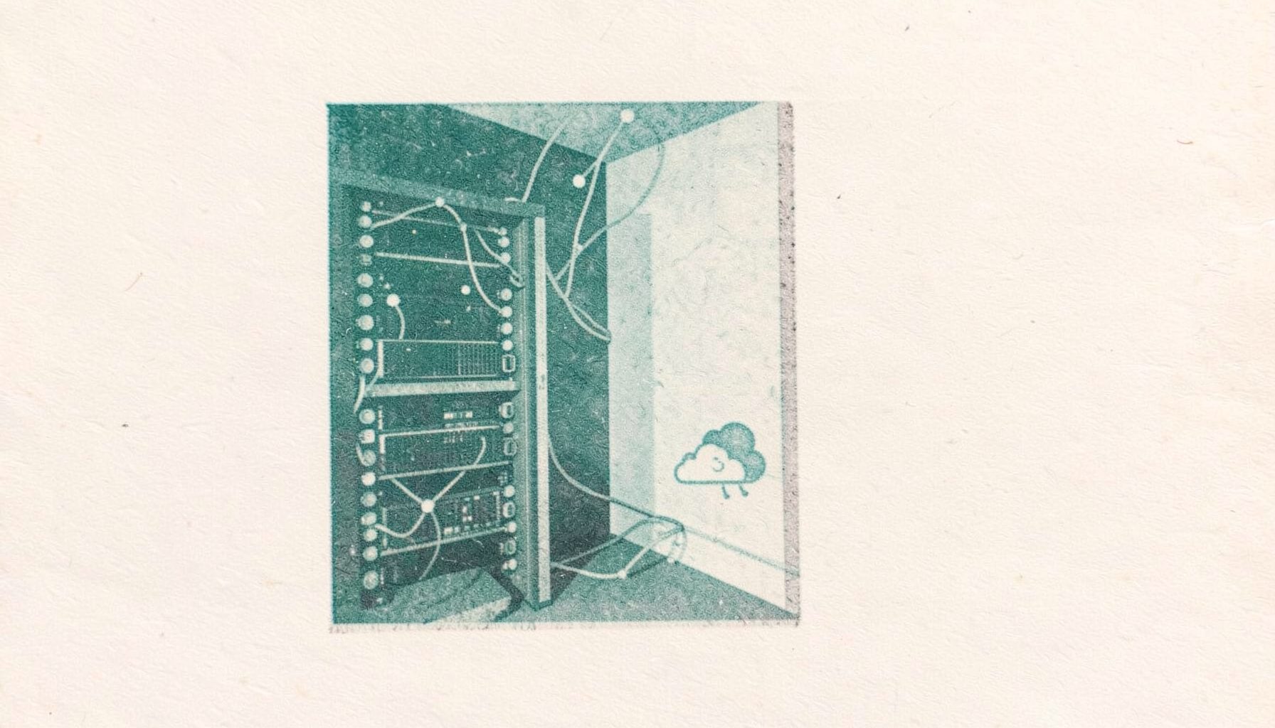 A two-ink risograph print in teal and charcoal on warm white paper, showing a server rack silhouette with soft network-line motifs and a small weather icon, suggesting a personal server room corner.